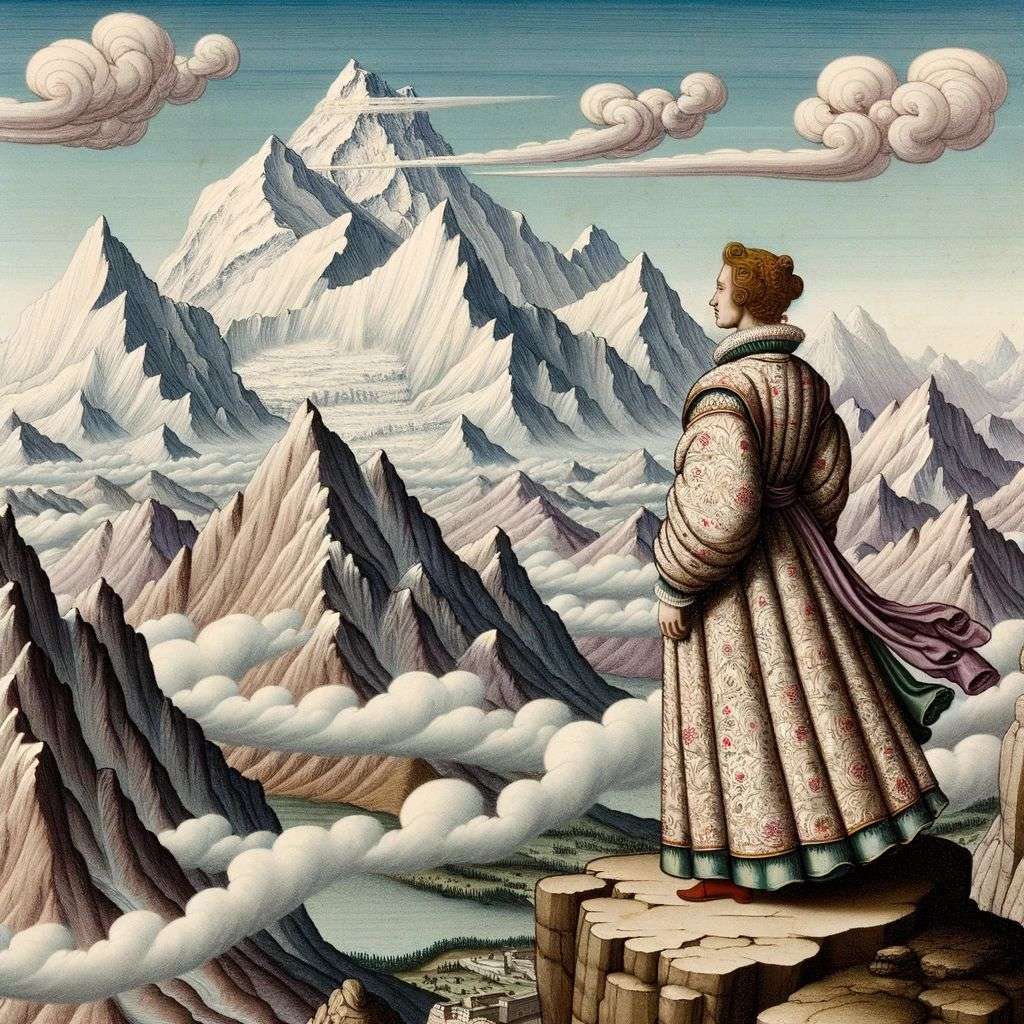 someone gazing at Mount Everest, painting from the 14th century